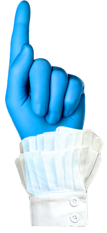 Surreal blue latex glove pointing to contact button